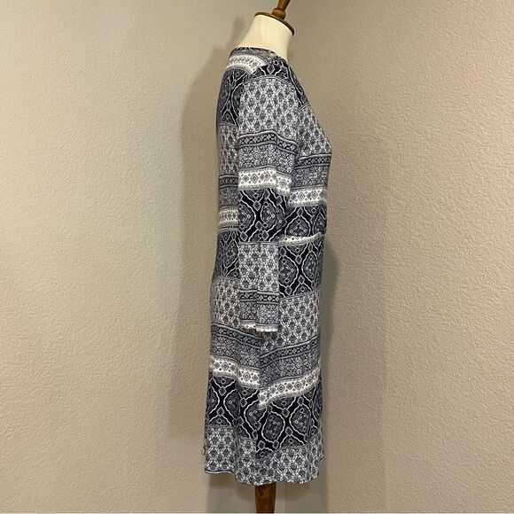 Navy Blue & White Boho Print Wrap Style Long Sleeve Dress Size L Made in USA - Picture 4 of 12